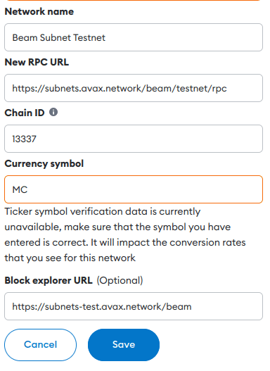 MetaMask Settings Beam Testnet RPC